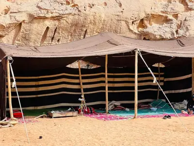 a tent on the beach in the sand at Wadi Rum Salman camp in Wadi Rum