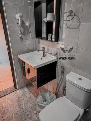 a bathroom with a white toilet and a sink at Flora Camp Wadi Rum in Wadi Rum