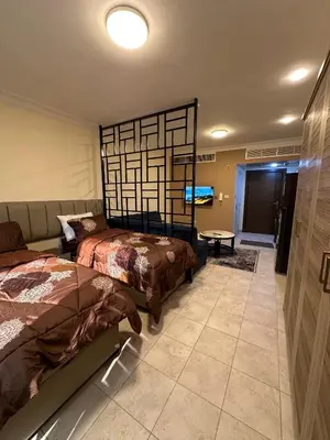 a bedroom with two beds and a tv in it at gardens studio استوديو الجاردنز 401 in Amman