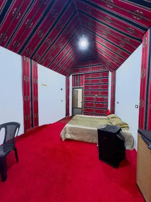 a bedroom with a large bed with a red carpet at Bedouin House in Jurf ad Darāwīsh