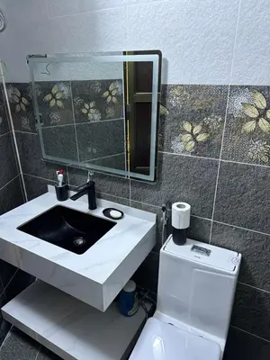 a bathroom with a sink and a toilet and a mirror at Sewar hostel in Petra