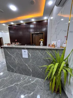 a lobby of a hotel with a counter and a plant at Petra Rocks Hotel in Wadi Musa