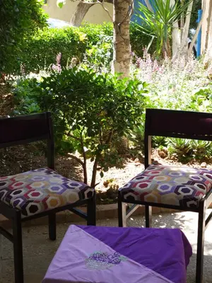 two chairs with colorful cushions sitting in a garden at Cozy Home with a Lovely Garden in Jurf ad Darāwīsh