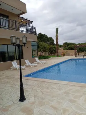 a house with a swimming pool and a light pole at Munifah Grand Hills Chalet and Farm in Jurf ad Darāwīsh