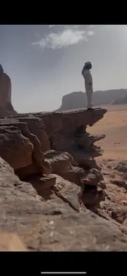 a penguin standing on a rock in the desert at My X wadirum in Wadi Rum