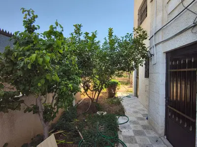 an alley with two trees next to a building at Shafa Badran Studio in Jurf ad Darāwīsh