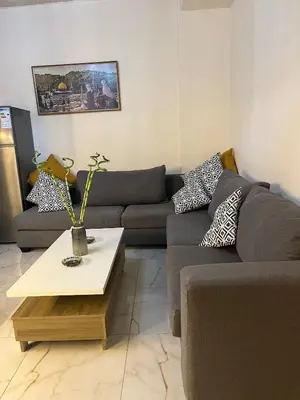 a living room with a couch and a coffee table at Family-Friendly Garden Stay in Jurf ad Darāwīsh