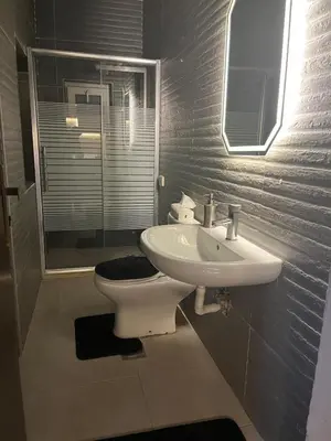 a bathroom with a toilet and a sink at Family-Friendly Garden Stay in Jurf ad Darāwīsh