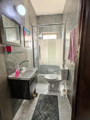 a bathroom with a sink and a toilet at Khalda One Bedroom Apt in Amman