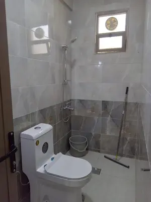 a bathroom with a toilet and a shower and a window at Sky 2 in Jerash