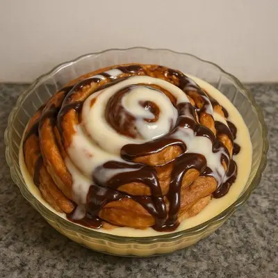 a pastry in a glass bowl with chocolate sauce at رحيق الزخور هاوس in Madaba