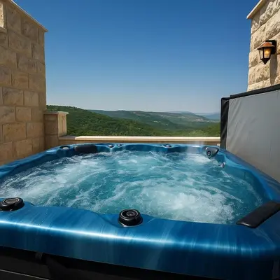 a large blue hot tub in a room with a window at Jordan Castle Resort in Irbid
