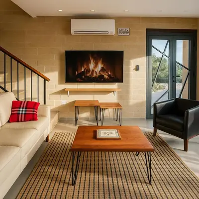 a living room with a fireplace in the wall at Jordan Castle Resort in Irbid