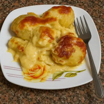 a plate of food with dumplings and a fork at المنشيه هاوس in Maţār al Malik Ḩusayn