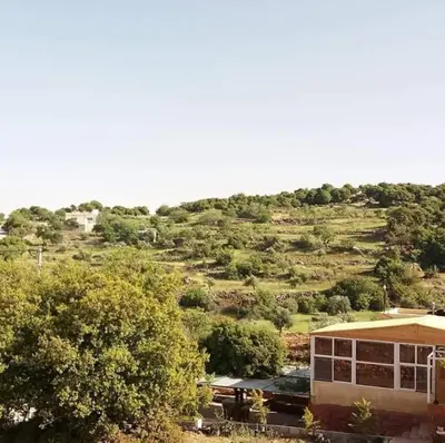 a building in front of a hill with trees at استراحة ومنتجع قرية الزرب in Ajloun