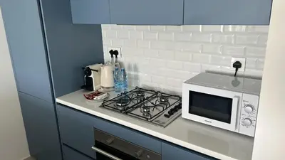 a kitchen with a stove and a microwave on a counter at Ayla Aqaba Azure 2 bedroom in Aqaba