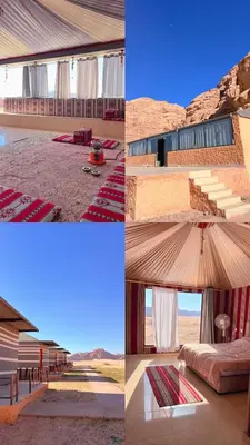 a collage of four pictures of a building with an umbrella at SAHARA ECHO CAMP& Tour in Wadi Rum