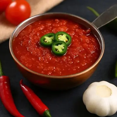 a bowl of tomato sauce with jalapenos and peppers at سونا موتل in Sūf