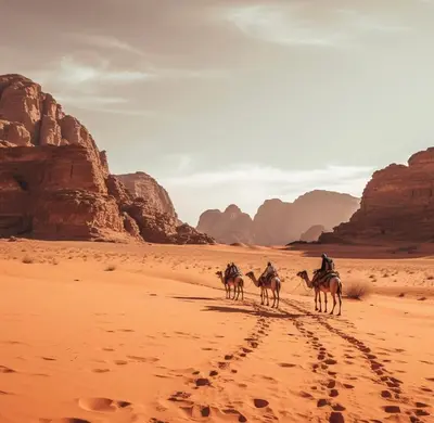 a group of people riding camels through the desert at Wadi Rum Sand Camp in Al Jafr