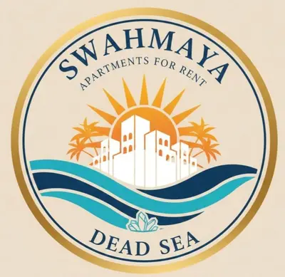 a label for a dead sea resort with the sun and palm trees at swahmaya apartments for rent in Sowayma