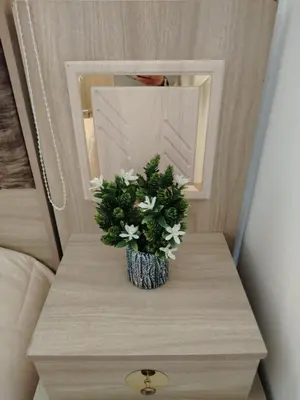 a vase with flowers on a table in front of a mirror at العقبة in Aqaba