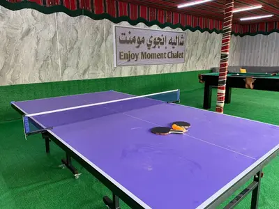 a purple ping pong table in a room with a sign at Enjoy moment chalet