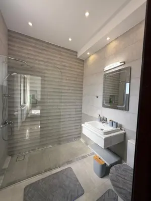 a bathroom with a sink and a shower and a mirror at Dabouq 3BR condo in Amman