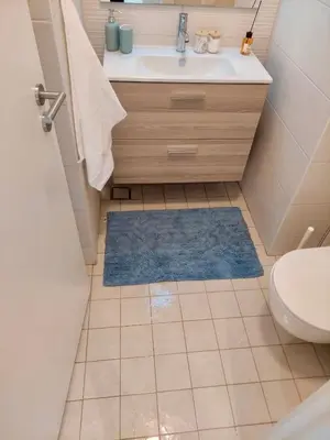 a bathroom with a sink and a toilet and a rug at Cozy Apartment with Private Beach, couples and families only in Aqaba