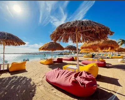 a beach with many chairs and umbrellas at Cozy Apartment with Private Beach, couples and families only in Aqaba