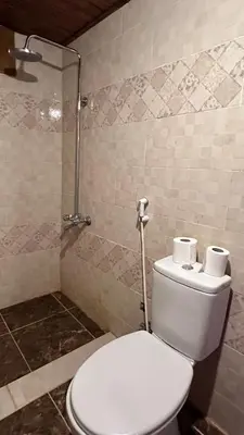 a bathroom with a toilet and a shower with toilet paper at Sultan rum magic camp in Aqaba
