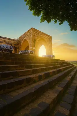a set of steps leading up to a stone building with the sunset at Beit Ahlam Quiet Duplex Villa with Terrace and Scenic View near Umm Qais Ruins in Um Qeis