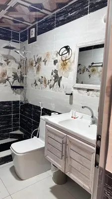 a bathroom with a toilet and a sink at WADI RUM OLIVIA lUXURY CAMP & TOUR in Wadi Rum