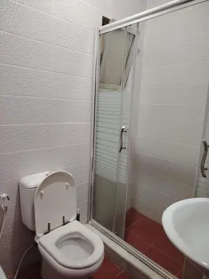 a bathroom with a toilet and a shower and a sink at mraco apartment in Amman
