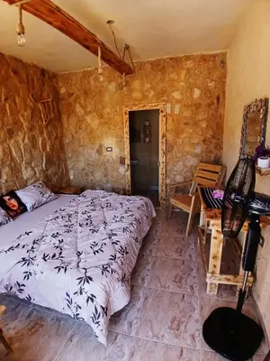 a bedroom with a bed and a stone wall at Friends of Dana Hotel in Dana