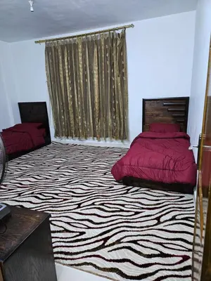 a bedroom with two beds and a zebra rug at غصن الزيتون in Ajloun