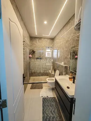 a bathroom with a shower and a toilet and a sink at بيت محمد in Amman