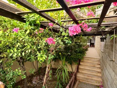a garden with pink flowers and a wooden walkway at Red Sea Pearl Luxury Villa in Aqaba in Aqaba