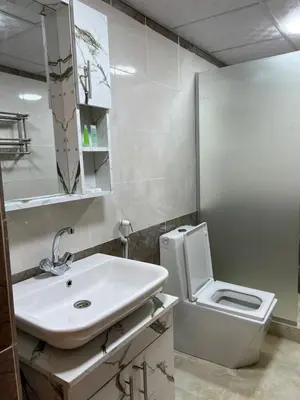 a bathroom with a sink and a toilet and a mirror at RUM PILLARS REST houstl in Wadi Rum