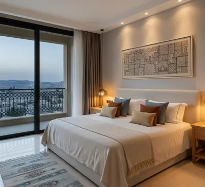 a bedroom with a large bed and a large window at Jreta in Amman