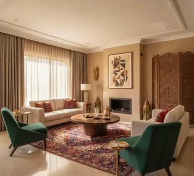 a living room with a couch and a table at Jreta in Amman