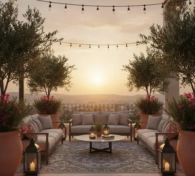 a patio with couches and a table with a sunset in the background at Jreta in Amman