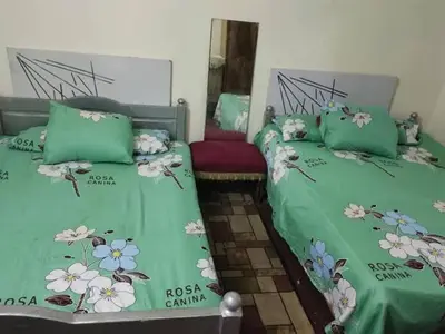 two beds with green sheets with flowers on them at اهلا وسهلا في الاردن in Petra