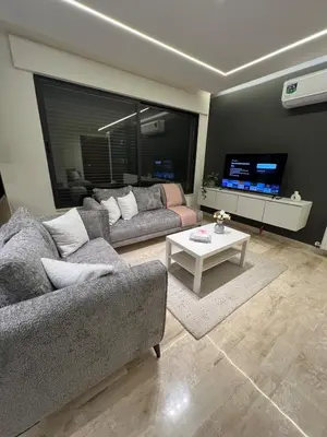 a living room with two couches and a tv at Amman Central Comfort in Amman