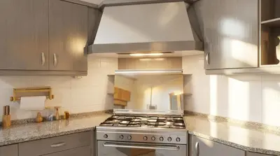a kitchen with a stove top oven in a kitchen at Cozy & Spacious 3 En-Suite Bedroom Apartment in Amman