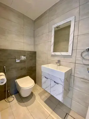 a bathroom with a toilet and a sink at Sunny Duplex for rent in Abdali in Amman
