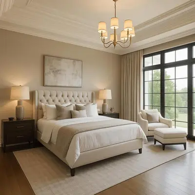 a bedroom with a large bed and a chandelier at Enad Place in Amman