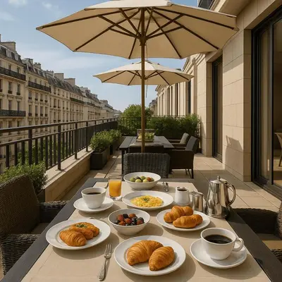 a table with plates of food on top of a balcony at Enad Place in Amman
