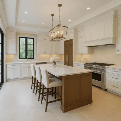 a kitchen with white cabinets and a table with chairs at Enad Place in Amman
