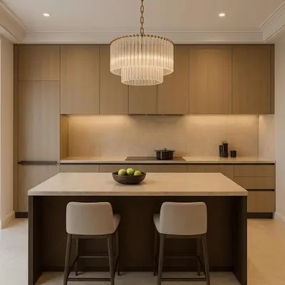 a kitchen with a large island with two chairs at Enad Place in Amman