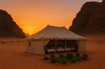 a tent in the desert with the sunset in the background at Super Delxue Tent in Azraq ash Shīshān